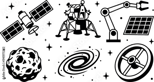 Black and white vector art set of space exploration objects satellite lunar module asteroid galaxy robotic arm solar panel and space wheel icons