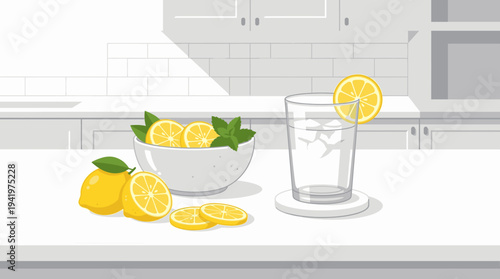 Cleanical Refreshing Lemon Water with Fresh Mint Leaves and Ripe Lemons in a Pristine Modern Kitchen Setting