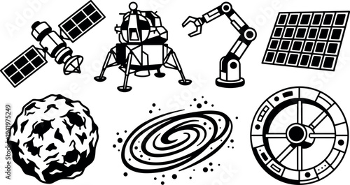 Black and white vector icons of satellite spacecraft lunar lander robotic arm solar panel asteroid galaxy and space station components