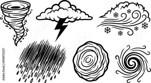 Black and white hand drawn style vector icons of tornado lightning storm rain snowflake and whirlpool weather elements set