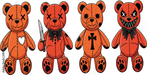 Spooky Voodoo Teddy Bear Sticker Set Featuring Halloween Designs with Knives, Crosses, and Scary Faces for Halloween Decorations