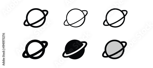 Set of six stylized icons representing a planet with a ring, shown in various designs including line art, suitable for digital interfaces and design projects