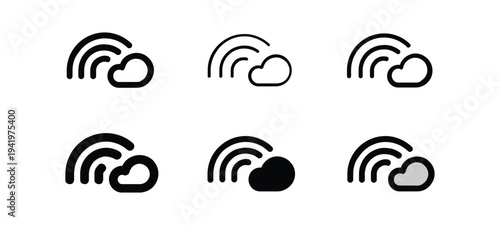 Versatile graphic collection depicting cloud technology with integrated wireless signals, ideal for illustrating data exchange, internet access