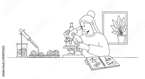 Vector illustration of woman using microscope in laboratory setting