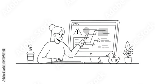 Vector illustration of woman working on computer with warning sign on screen