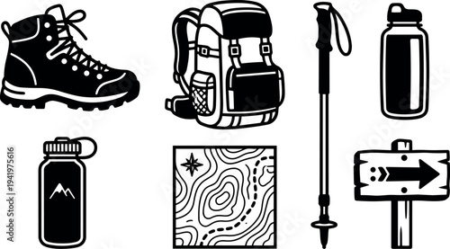 Black and white vector icons of hiking boots backpack trekking pole directional sign and water bottles in minimalist icon set style