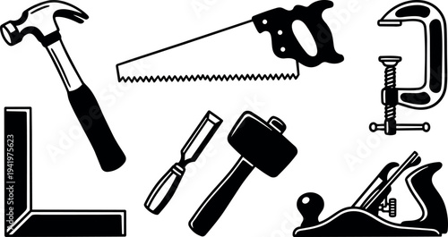Black and white flat design illustration of woodworking hand tools including hammer saw clamp chisel mallet square and plane