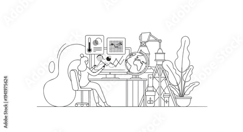 Vector illustration of a person working at a desk with office supplies and plants