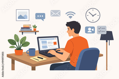 Flat Vector Illustration of a Young Man Working on a Laptop in a Home Office with Digital Icons for Communication and Productivity. Remote Work, Freelancing, and Online Education Concept Design.