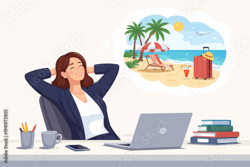 Businesswoman sitting at her office desk with a laptop, dreaming about a tropical beach vacation with palm trees, ocean, and a suitcase. Relaxed worker imagining a sunny summer holiday getaway.