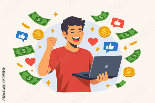 Happy young man holding laptop and winning a lot of money in social media, simple flat vector illustration of a successful influencer earning passive income online with likes, hearts, and cash.