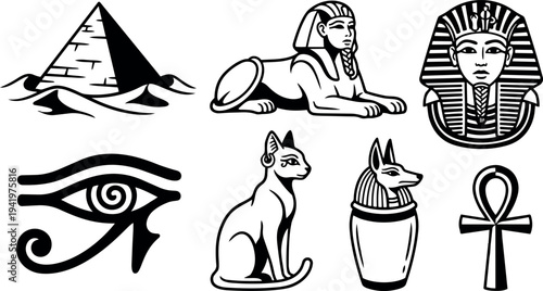 Black and white egyptian symbols pyramid sphinx pharaoh cat anubis jar and ankh vector art set clear line style