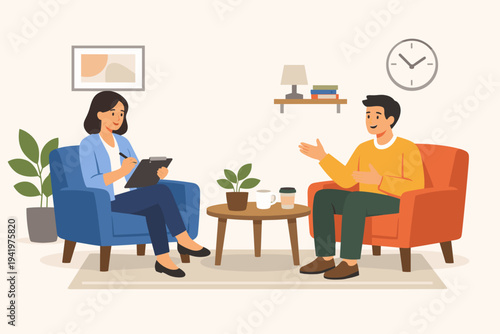 Female psychologist taking notes during a therapy session with a male patient in a cozy office. Professional mental health counseling, psychotherapy, and support concept vector illustration.