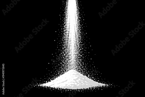 Vector illustration of white powder falling from above onto a pile, isolated on a black background. Minimalist flat design element representing salt, sugar, flour, cocaine, or snow falling down.