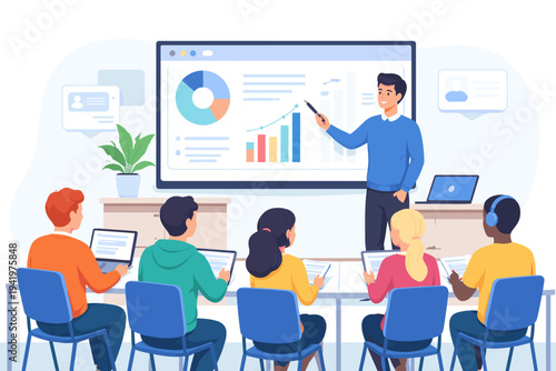 Flat vector illustration of a professional teacher giving a lecture to a group of diverse students in a modern classroom using a large interactive screen with data charts and digital technology tools.