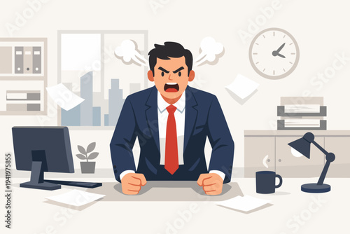 Angry Businessman Shouting in Office with Steam Coming Out of Ears and Clenched Fists, Stressed Male Executive at Desk with Flying Papers, Flat Vector Illustration of Work Pressure and Rage