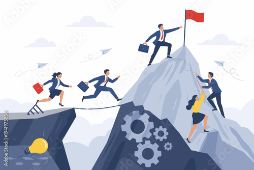 Business Team Overcoming Obstacles and Conquering Adversity to Reach Success. People Climbing Mountain Peak with Red Flag, Crossing Chasm on Tightrope, Teamwork and Leadership Concept Vector Art.