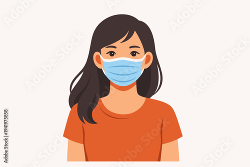 Vector Illustration of a Young Woman Wearing a Blue Surgical Face Mask for Protection against Viruses, Flu, and Air Pollution, Simple Flat Design Character Portrait on a Neutral Background