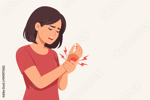 Woman Suffering from Severe Wrist Pain and Inflammation, Concept of Carpal Tunnel Syndrome, Arthritis, Joint Injury, Tendonitis or Repetitive Strain Injury, Flat Vector Illustration for Medical