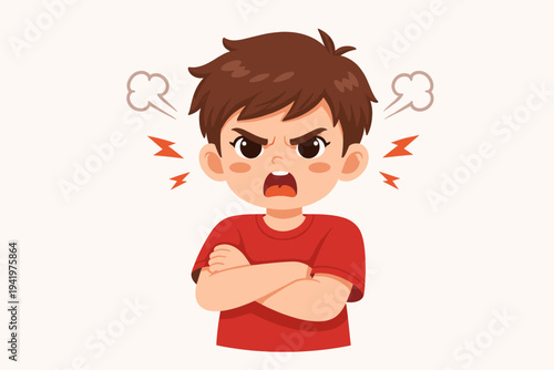 Vector Illustration of an Angry Little Boy with Crossed Arms and Frowning Face Expressing Intense Frustration and Rage with Steam and Lightning Symbols, Cute Cartoon Character Design for Kids