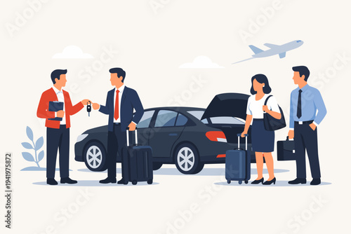 Business People Renting a Car for Corporate Travel; Professional Man Handing Keys to Businessman in Suit near Black Sedan with Open Trunk, Suitcases, and Airplane Flying in the Background.