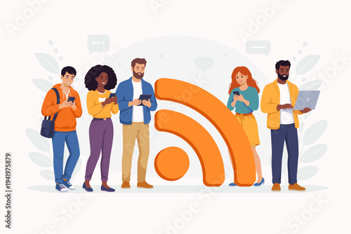 Diverse group of people using mobile gadgets like smartphones, tablets, and laptops standing around a large orange RSS symbol for news feeds, social media updates, and digital connectivity.