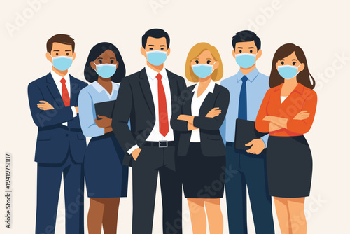 Diverse Business Team Wearing Protective Face Masks Standing Together. Professional Men and Women in Suits Following Safety Protocols During Pandemic. Flat Vector Illustration for Corporate Health.