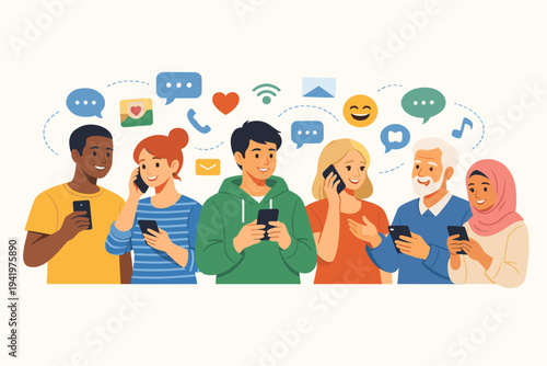 Diverse Group of People Using Smartphones for Communication and Social Media Networking, Flat Vector Illustration of Men and Women Connected Through Mobile Technology and Digital App Icons