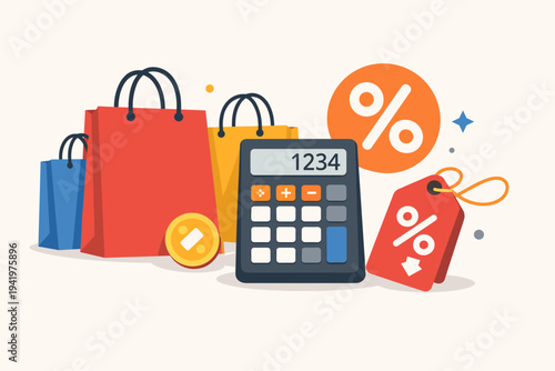 Flat vector illustration of colorful shopping bags, a calculator, gold coin, and discount tags representing retail sales, budgeting, consumer savings, and financial planning for shopping events.