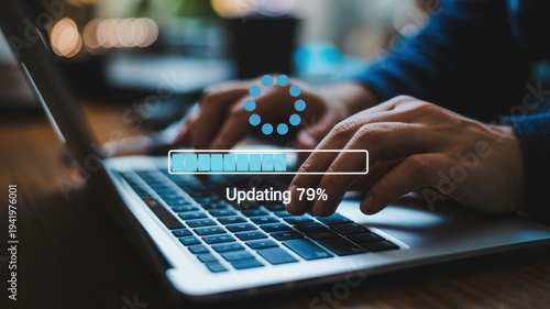 Vibrant photo of Software update process on laptop computer with progress bar and loading icon
