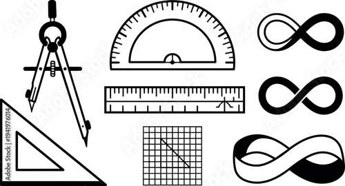 Black and white vector art of math compass protractor ruler triangle grid and infinity symbols isolated on white background