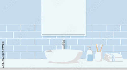 Cleanical Bathroom Vanity with a Minimalist Design Featuring Hygiene Essentials and Blue Tiled Walls