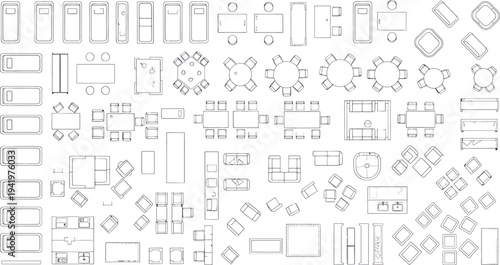 A collection of various technical mechanical blueprint icons isolated on transparent background