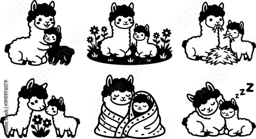 Cute black and white vector art of mother and baby alpacas hugging sitting with flowers chewing hay sleeping wrapped in blanket adorable collection
