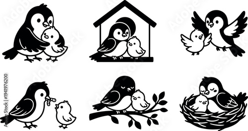 Black and white vector art of loving mother bird feeding and cuddling baby birds in nest and tree branch illustrations