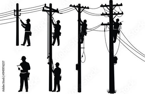 Utility pole worker silhouette, electrical maintenance, black vector, technician with clipboard, safety gear, infrastructure repair, field inspection