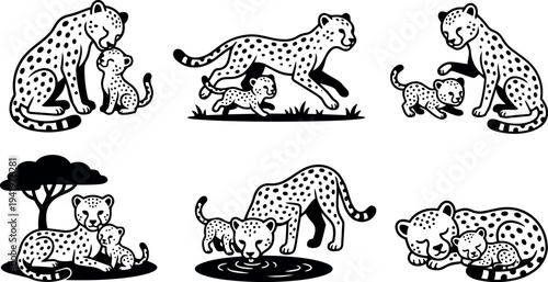 Black and white vector art of cheetah mother with cubs in various poses drinking sleeping and playing near tree and grass habitat