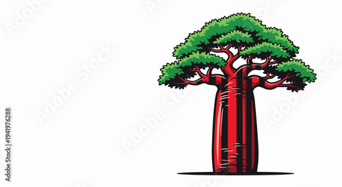 Stylized baobab tree illustration features thick red trunk and lush green canopy. Iconic baobab tree silhouette stands prominently on white background. This appealing baobab tree graphic suits travel,