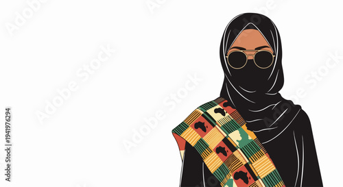 Confident Muslim woman depicted in traditional niqab, sporting stylish sunglasses and vibrant African print sash. Elegant Muslim woman portrays cultural diversity and modern identity.