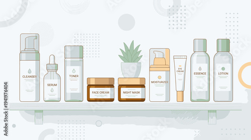 Modern Skincare Products Arranged on Shelf Clean Beauty Lineup