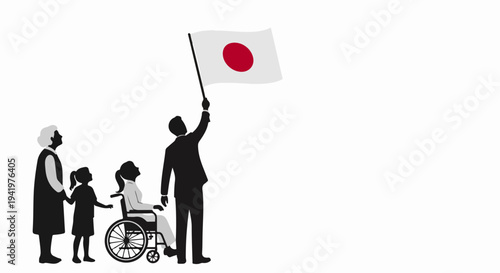 Diverse community group stands together, looking at a prominent Japan flag waving proudly. Family members, including elder, children, and person in wheelchair, embody national pride for Japan flag.