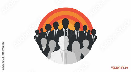 Silhouetted business team depicting diverse group professionals within circular emblem. Business team members represent corporate structure, collaboration, and unity.