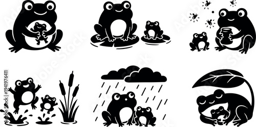 Black silhouette frog family with tadpole holding jumping playful young frog and protecting under leaf in rainy weather vector art set