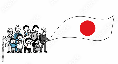 Diverse Japanese people stand together holding a waving flag of Japan, representing a strong community. Japanese people from different generations and professions unite in support of their nation.