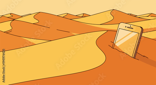 Lost phone in desert landscape, device partially buried within vast sand dunes, representing digital detox. Lost phone symbolizes disconnection from technology, finding solitude and escape.