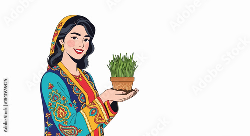 Smiling woman holds Sabzeh pot, embodying Nowruz with traditional attire. Nowruz depicts lady presenting green sprouts, essential for Haft Seen table. Concept Nowruz for cultural banners,