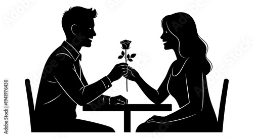 Vector illustration of romantic couple on date, man giving woman rose