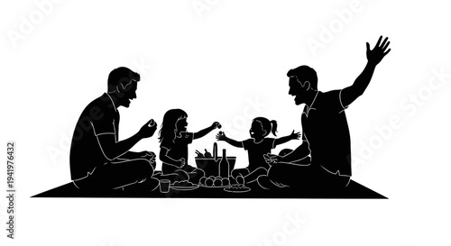 Vector silhouette of family having picnic