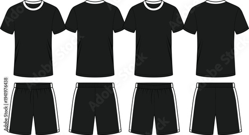 Collection of black sports t-shirt and shorts front and back view vector mockups, technical apparel drawings of athletic uniform kits on white background