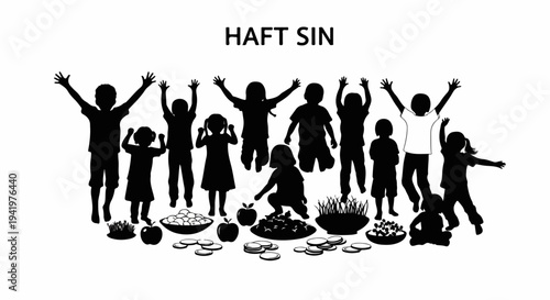Children silhouettes joyful for Haft Sin, surrounding traditional display of symbolic items for Nowruz spring new year. Festive Haft Sin includes wheatgrass, apples, coins, candles, fish,